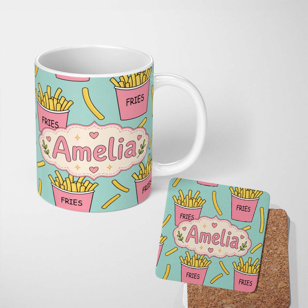Personalized Custom Name Cute French Fries Cartoon Snack Seamless Pattern Pink Cups Mint 11oz Ceramic Coffee Tea Mug White Large Handle