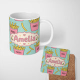 Personalized Custom Name Cute French Fries Cartoon Snack Seamless Pattern Pink Cups Mint 11oz Ceramic Coffee Tea Mug White Large Handle