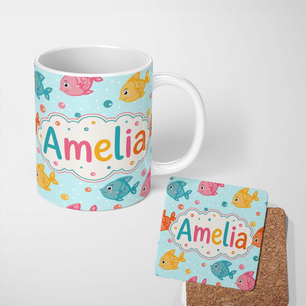 Personalized Custom Name Cute Colorful Fish Ocean Bubbles Underwater Seamless Pattern Lovely 11oz Ceramic Coffee Tea Mug White Large Handle