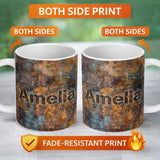 Personalized Custom Name Distressed Metal Rust Pattern with Gold Accents Seamless Grunge 11oz Ceramic Coffee Tea Mug White Large Handle