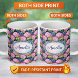 Personalized Custom Name Pink and Blue Hydrangea Floral Seamless Pattern Dark Background 11oz Ceramic Coffee Tea Mug White Large Handle