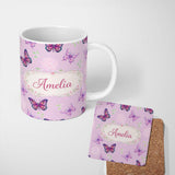 Personalized Custom Name Pink Purple Butterfly Floral Lavender Background Seamless Pattern 11oz Ceramic Coffee Tea Mug White Large Handle