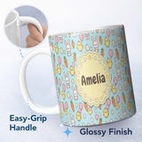 Personalized Custom Name Cute Easter Bunny Chick Eggs Carrot Cute Seamless Pattern Blue 11oz Ceramic Coffee Tea Mug White Large Handle