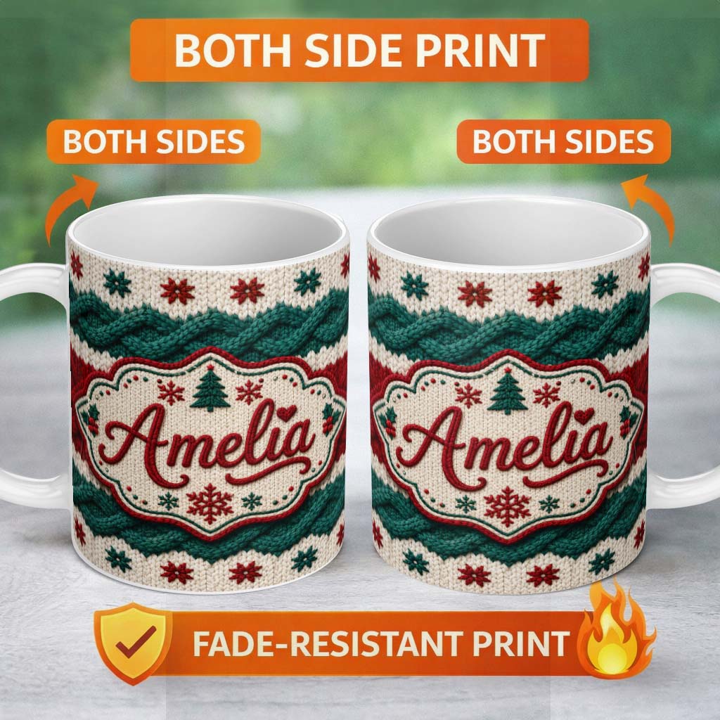 Personalized Custom Name Cute Festive Knitted Texture Red Green White Cozy Seamless Pattern 11oz Ceramic Coffee Tea Mug White Large Handle