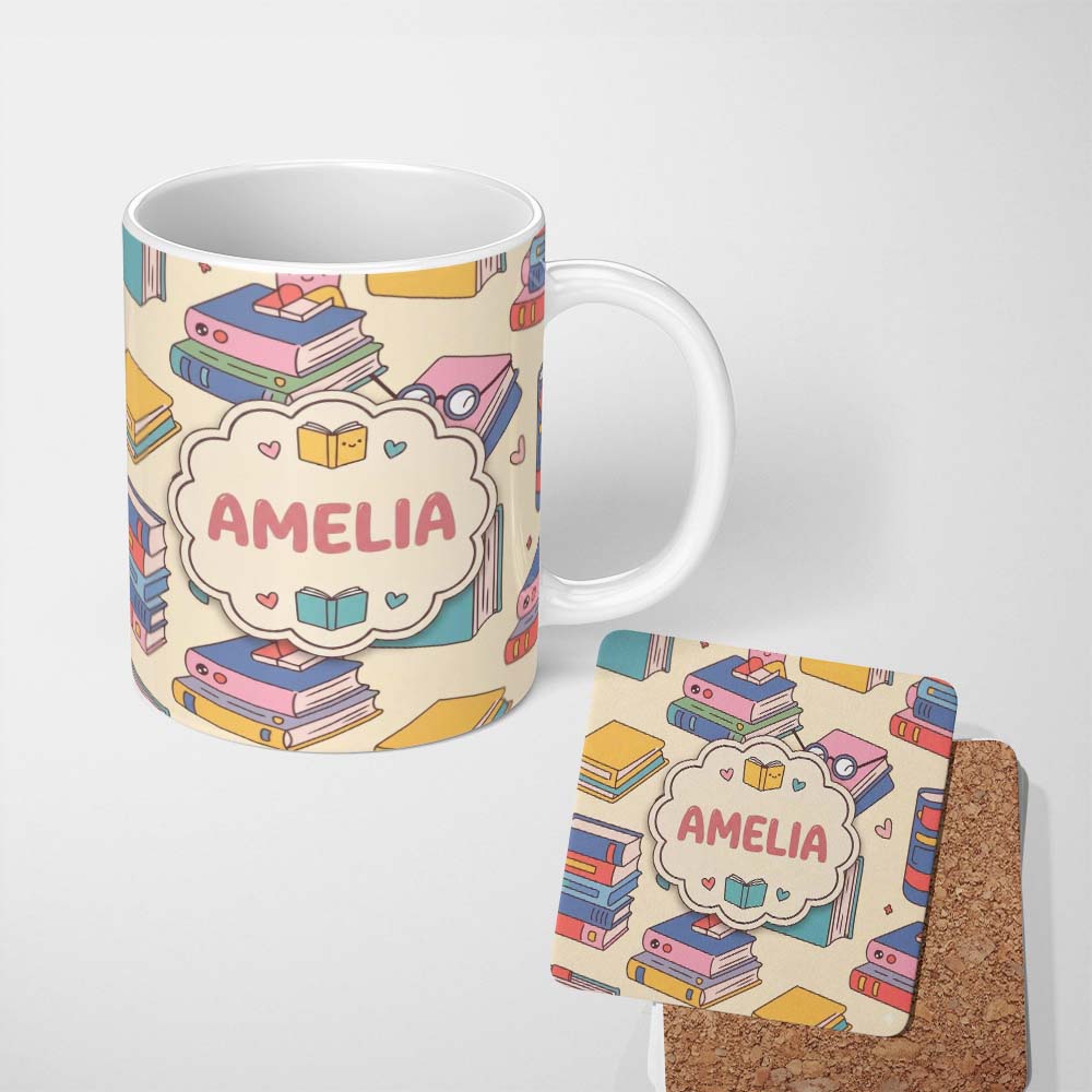 Personalized Custom Name Cute Kawaii Books Reading Glasses Study Theme Seamless Pattern 11oz Ceramic Coffee Tea Mug White Large Handle