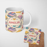 Personalized Custom Name Cute Kawaii Books Reading Glasses Study Theme Seamless Pattern 11oz Ceramic Coffee Tea Mug White Large Handle