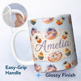 Personalized Custom Name Halloween Donuts Cupcakes and Spiders Seamless Pattern on Blue 11oz Ceramic Coffee Tea Mug White Large Handle