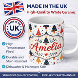 Personalized Custom Name Cute Modern Christmas Tree Star Minimal Seamless Pattern Lovely 11oz Ceramic Coffee Tea Mug White Large Handle