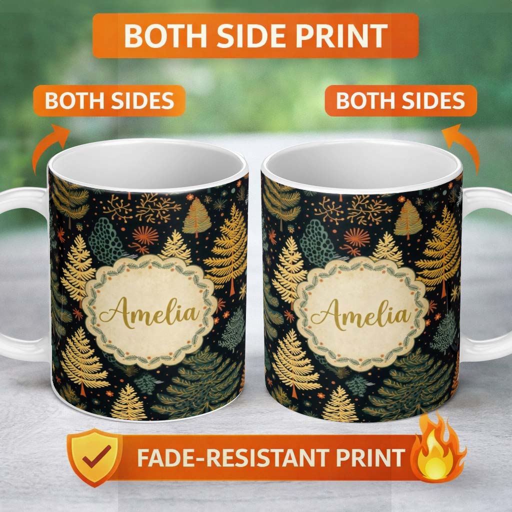 Personalized Custom Name Modern Christmas Trees Golden Leaves Dark Background Festive Lovely 11oz Ceramic Coffee Tea Mug White Large Handle