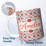 Personalized Custom Name Folk Art Floral Pattern Red Flowers Scandinavian Style Seamless 11oz Ceramic Coffee Tea Mug White Large Handle