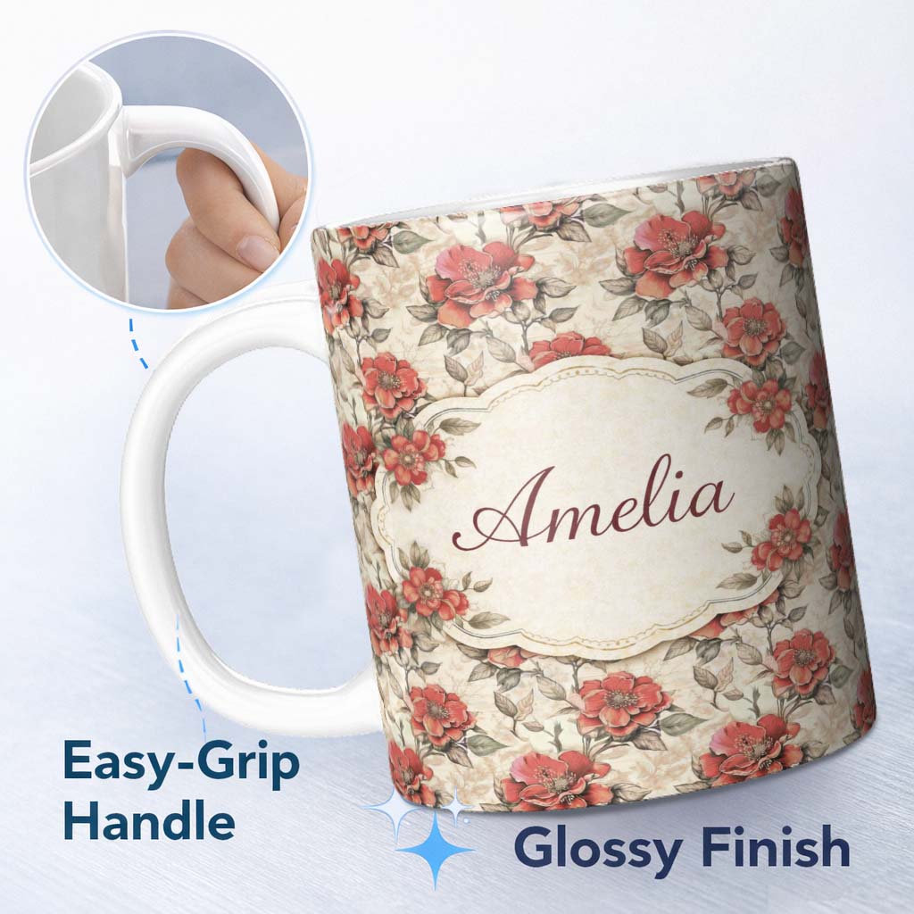 Personalized Custom Name Soft Pink Rose Botanical Seamless Pattern Thoughtful Gift Idea 11oz Ceramic Coffee Tea Mug White Large Handle