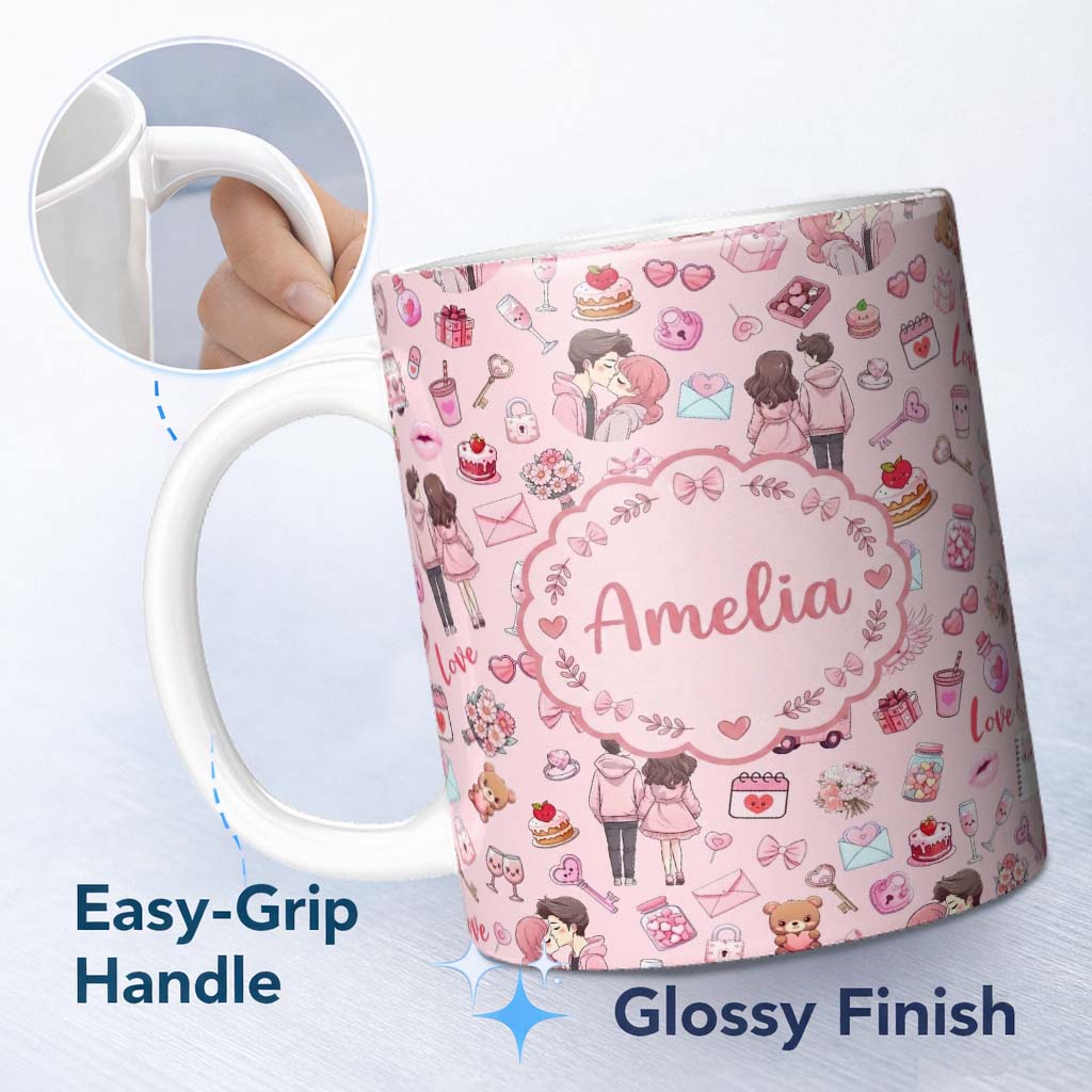 Personalized Custom Name Cute Love Couple Gifts Cakes Teddy Bear Pattern Soft Pink Background 11oz Ceramic Coffee Tea Mug White Large Handle