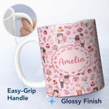 Personalized Custom Name Cute Love Couple Gifts Cakes Teddy Bear Pattern Soft Pink Background 11oz Ceramic Coffee Tea Mug White Large Handle