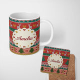 Personalized Custom Name Nordic Deer Heart Tree Knit Pattern Red Green White Festive Seamless 11oz Ceramic Coffee Tea Mug White Large Handle