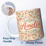 Personalized Custom Name Decorative Prawn with Citrus and Botanical Elements Seamless Pattern 11oz Ceramic Coffee Tea Mug White Large Handle