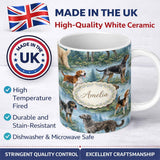 Personalized Custom Name Watercolor Hunting Dogs Forest Nature Seamless Pattern Lovely 11oz Ceramic Coffee Tea Mug White Large Handle