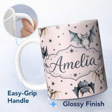 Personalized Custom Name Cute Watercolor Bats and Stars Seamless Pattern Blush Pink Lovely 11oz Ceramic Coffee Tea Mug White Large Handle