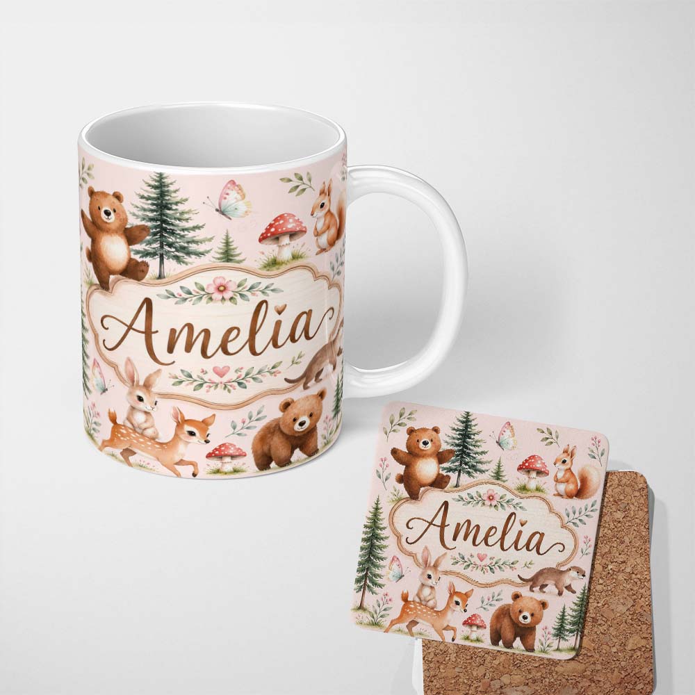 Personalized Custom Name Forest Animals Bear Bunny Squirrel Trees on Blush Pink Seamless 11oz Ceramic Coffee Tea Mug White Large Handle