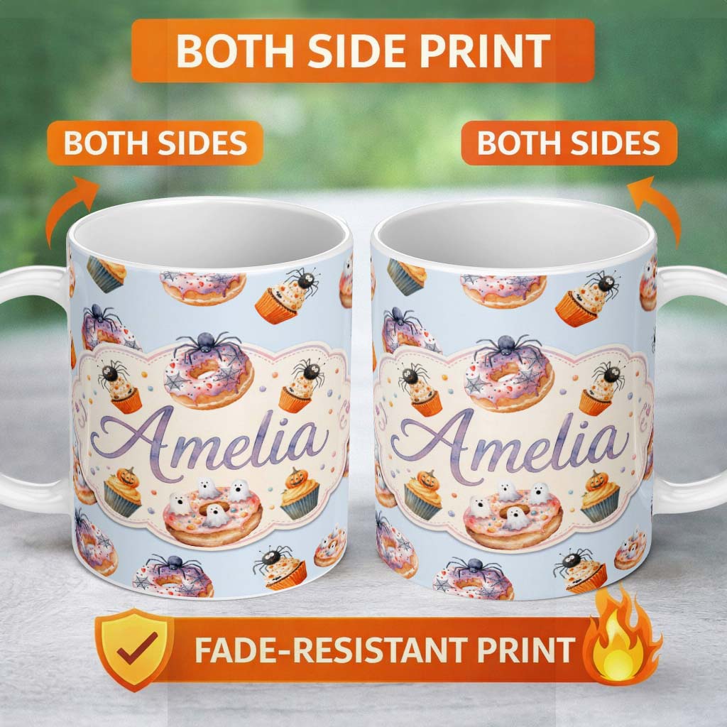 Personalized Custom Name Halloween Donuts Cupcakes and Spiders Seamless Pattern on Blue 11oz Ceramic Coffee Tea Mug White Large Handle
