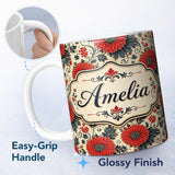 Personalized Custom Name Red Floral Vintage Garden Seamless Pattern Stylish Everyday Mug 11oz Ceramic Coffee Tea Mug White Large Handle