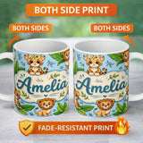 Personalized Custom Name Cute Jungle Animals Lion Tiger Leopard Tropical Leaves Mint Green 11oz Ceramic Coffee Tea Mug White Large Handle