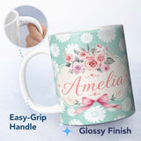 Personalized Custom Name White Daisy Floral Pattern on Mint Green Background Seamless Pattern 11oz Ceramic Coffee Tea Mug White Large Handle