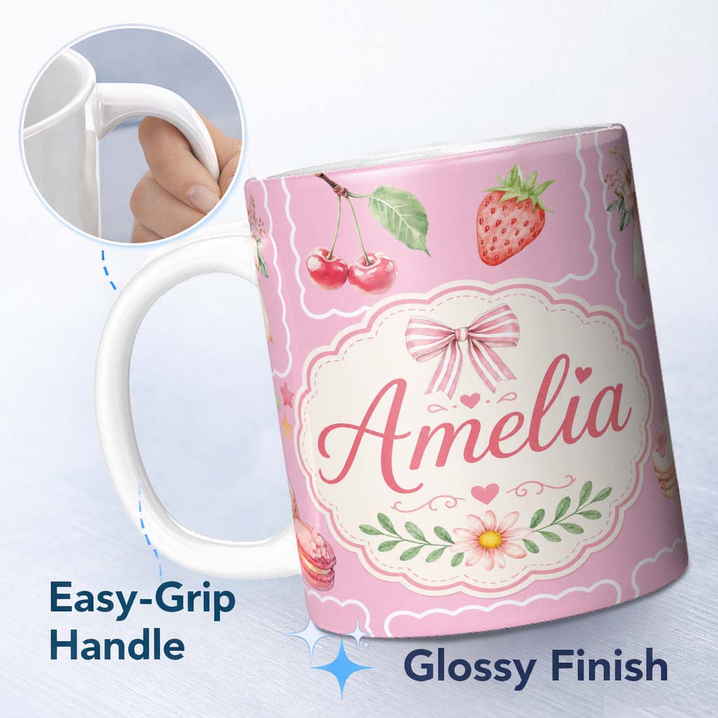 Personalized Custom Name Cute Watercolor Cherry Strawberry Ribbon Bow and Macaron Frame Pink 11oz Ceramic Coffee Tea Mug White Large Handle