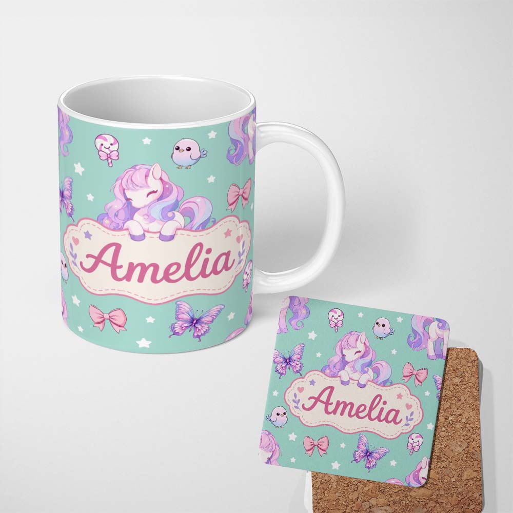 Personalized Custom Name Cute Pastel Unicorn Butterfly Candy Stars Mint Background Seamless 11oz Ceramic Coffee Tea Mug White Large Handle