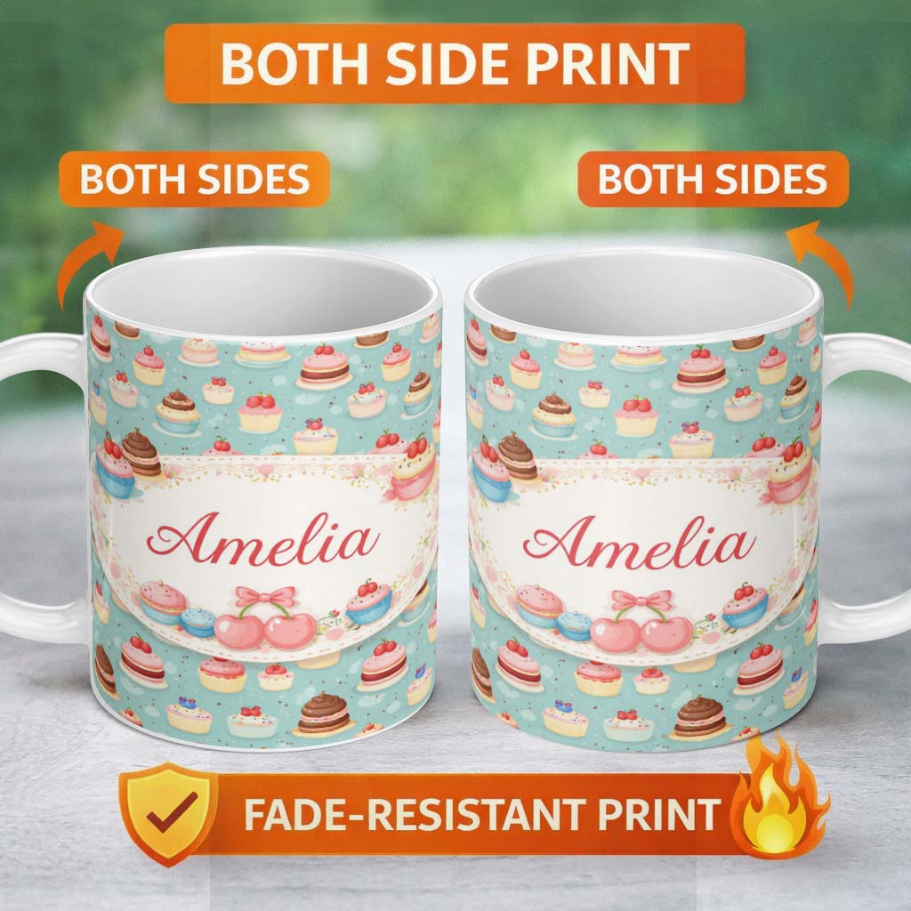 Personalized Custom Name Cute Cake Tile Seamless Pattern Pastel Dessert Sweet Food Design 11oz Ceramic Coffee Tea Mug White Large Handle