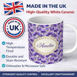 Personalized Custom Name Purple Iris Flower Garden Seamless Pattern Charming Kitchen Decor 11oz Ceramic Coffee Tea Mug White Large Handle