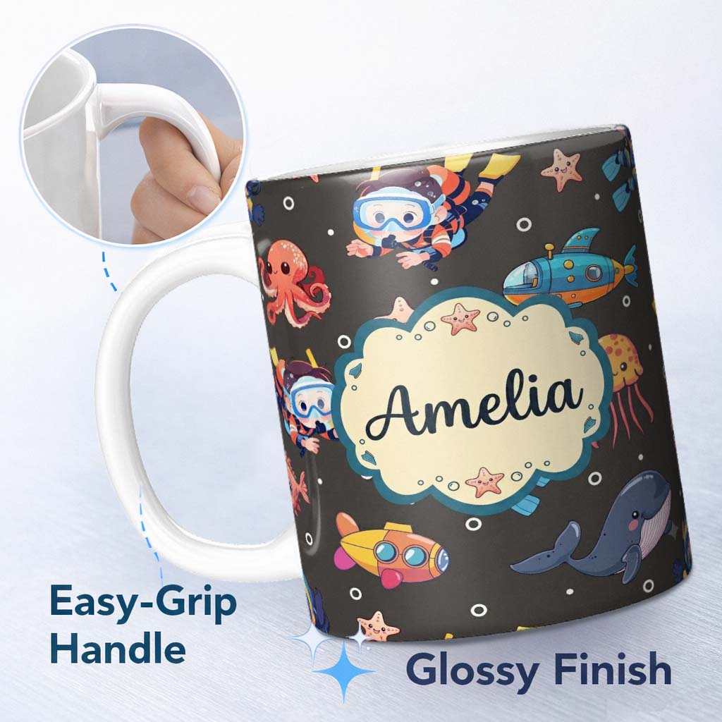 Personalized Custom Name Kid Scuba Diver Submarine Jellyfish Ocean Animal Charcoal Bubble 11oz Ceramic Coffee Tea Mug White Large Handle