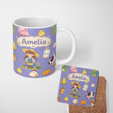 Personalized Custom Name Cute Farm Girl Pig Cow Chicken Corn Milk Purple Background Seamless 11oz Ceramic Coffee Tea Mug White Large Handle