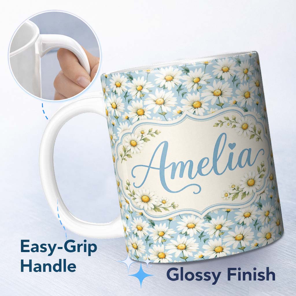 Personalized Custom Name Soft Blue Background White Daisy Floral Seamless Pattern Lovely 11oz Ceramic Coffee Tea Mug White Large Handle