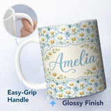 Personalized Custom Name Soft Blue Background White Daisy Floral Seamless Pattern Lovely 11oz Ceramic Coffee Tea Mug White Large Handle