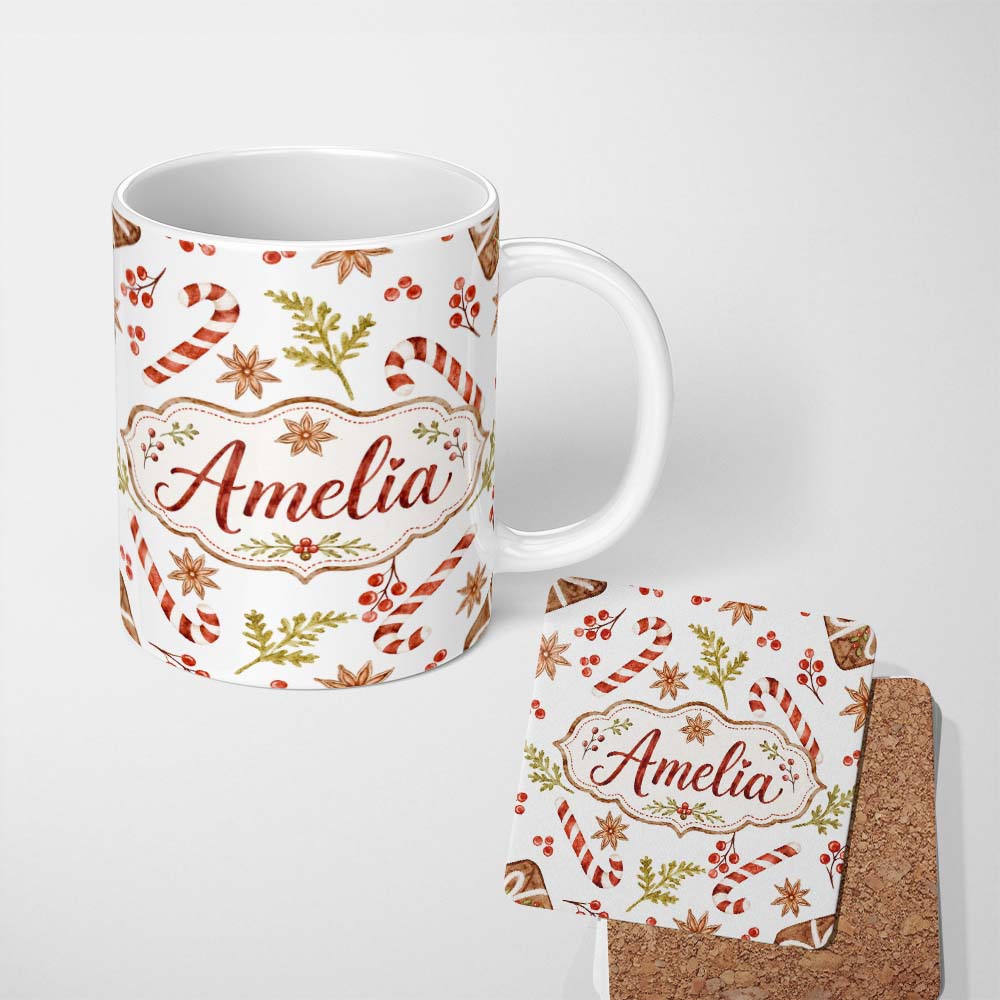 Personalized Custom Name Watercolor Christmas Candy Canes Gift Box Festive Holiday Design 11oz Ceramic Coffee Tea Mug White Large Handle