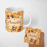 Personalized Custom Name Orange Pumpkin Checkerboard Warm Autumn Seamless Pattern UK Name 11oz Ceramic Coffee Tea Mug White Large Handle
