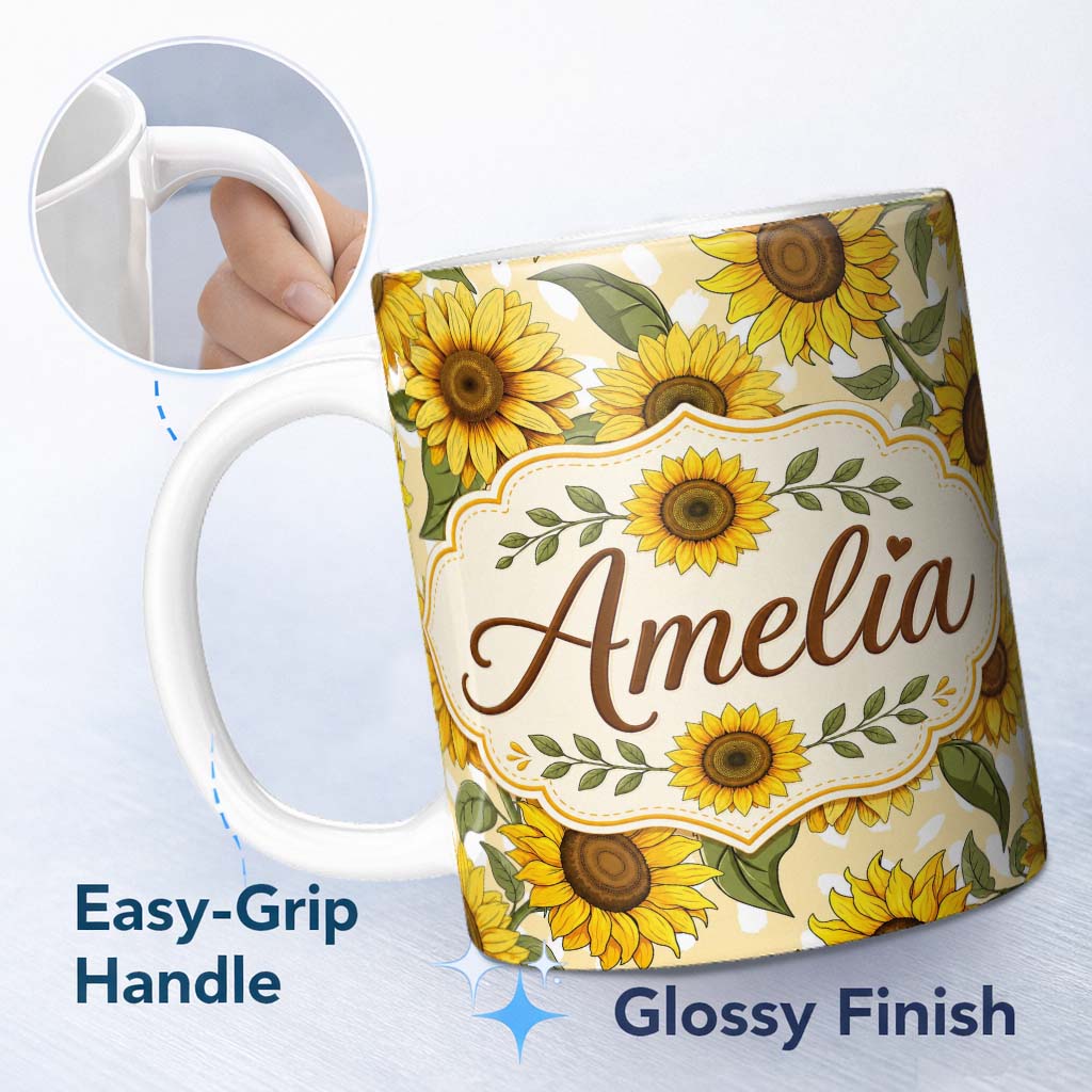 Personalized Custom Name Bright Yellow Sunflower Cream Abstract Background Seamless Pattern 11oz Ceramic Coffee Tea Mug White Large Handle