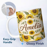 Personalized Custom Name Bright Yellow Sunflower Cream Abstract Background Seamless Pattern 11oz Ceramic Coffee Tea Mug White Large Handle