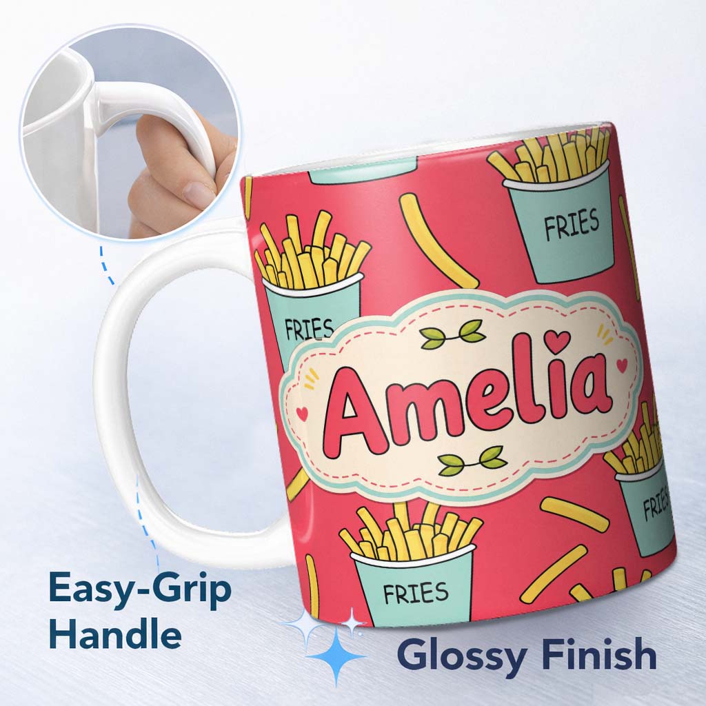 Personalized Custom Name Cute French Fries Cartoon Snack Seamless Pattern Teal Cups Red 11oz Ceramic Coffee Tea Mug White Large Handle