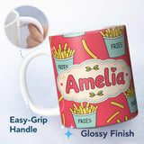 Personalized Custom Name Cute French Fries Cartoon Snack Seamless Pattern Teal Cups Red 11oz Ceramic Coffee Tea Mug White Large Handle