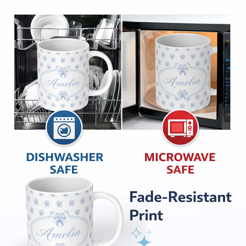 Personalized Custom Name Blue Rose Bow Tossed Floral Seamless Pattern Stylish Everyday Mug 11oz Ceramic Coffee Tea Mug White Large Handle