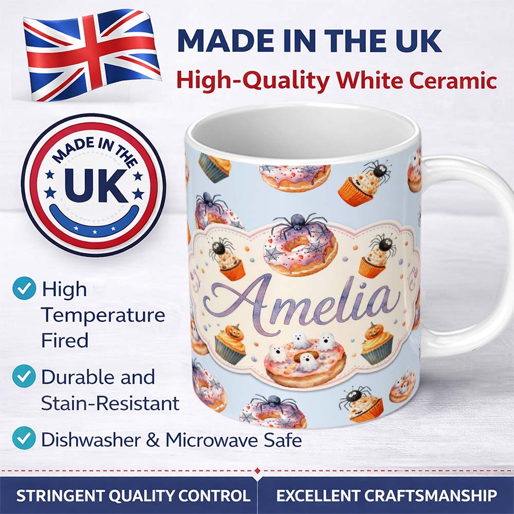 Personalized Custom Name Halloween Donuts Cupcakes and Spiders Seamless Pattern on Blue 11oz Ceramic Coffee Tea Mug White Large Handle