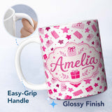 Personalized Custom Name Cute Pink Gift Boxes Stars Festive Christmas Seamless Pattern Lovely 11oz Ceramic Coffee Tea Mug White Large Handle