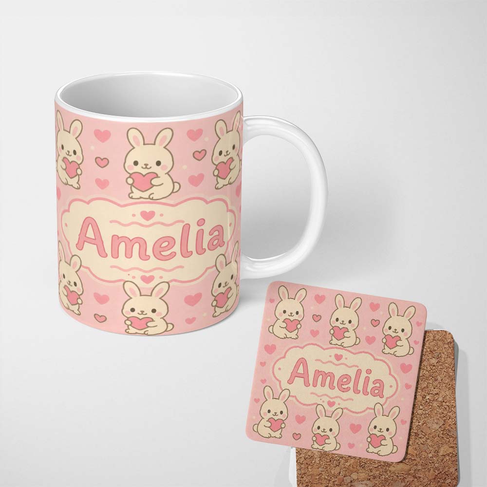 Personalized Custom Name Cute Bunny Heart Cartoon Animal Love Pattern Perfect Gift for Her 11oz Ceramic Coffee Tea Mug White Large Handle