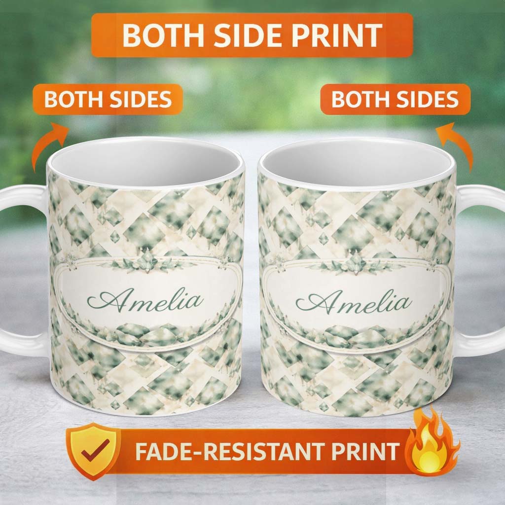 Personalized Custom Name Watercolor Crystal Gemstone Soft Beige Background Mineral Lovely 11oz Ceramic Coffee Tea Mug White Large Handle