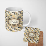 Personalized Custom Name Deep Blue Masquerade Pattern with Red and Gold Decorative Masks 11oz Ceramic Coffee Tea Mug White Large Handle