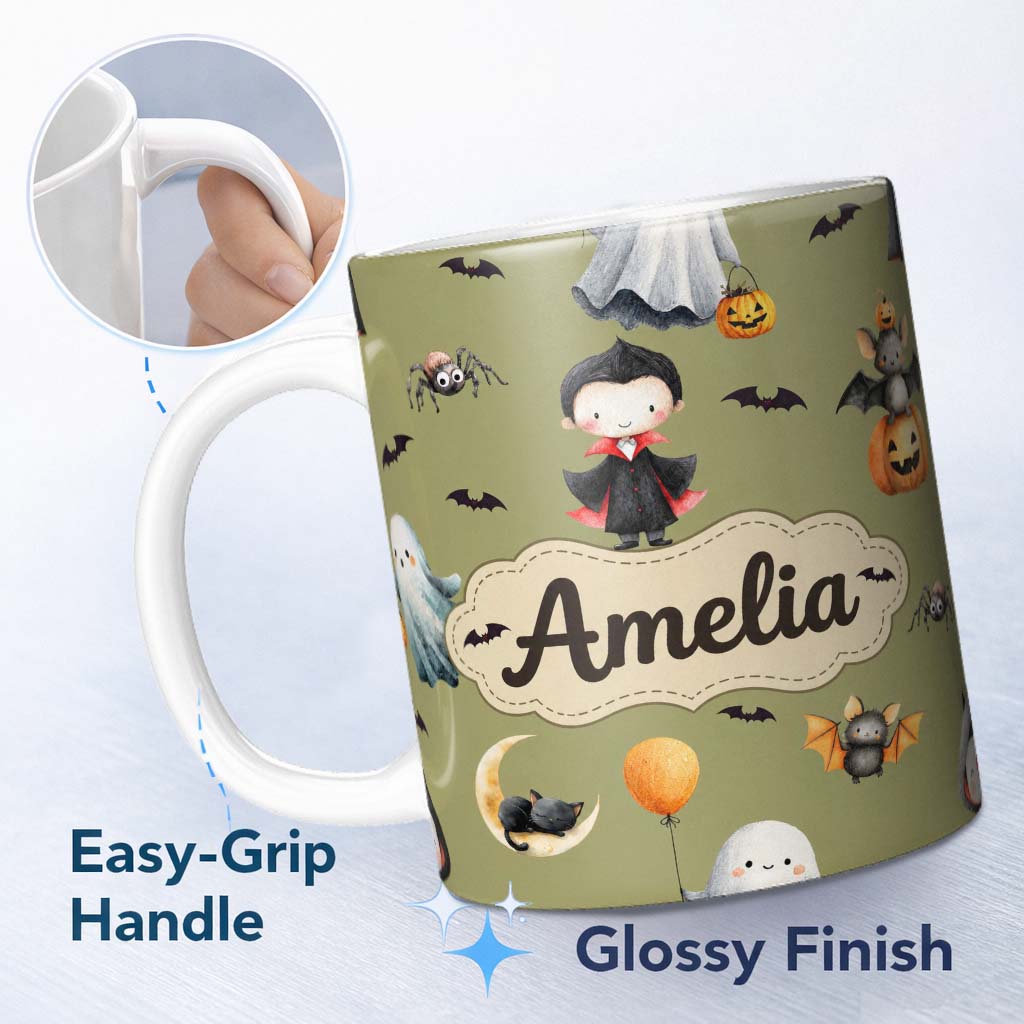 Personalized Custom Name Cute Halloween Dracula Ghost Bats on Olive Green Background Seamless 11oz Ceramic Coffee Tea Mug White Large Handle