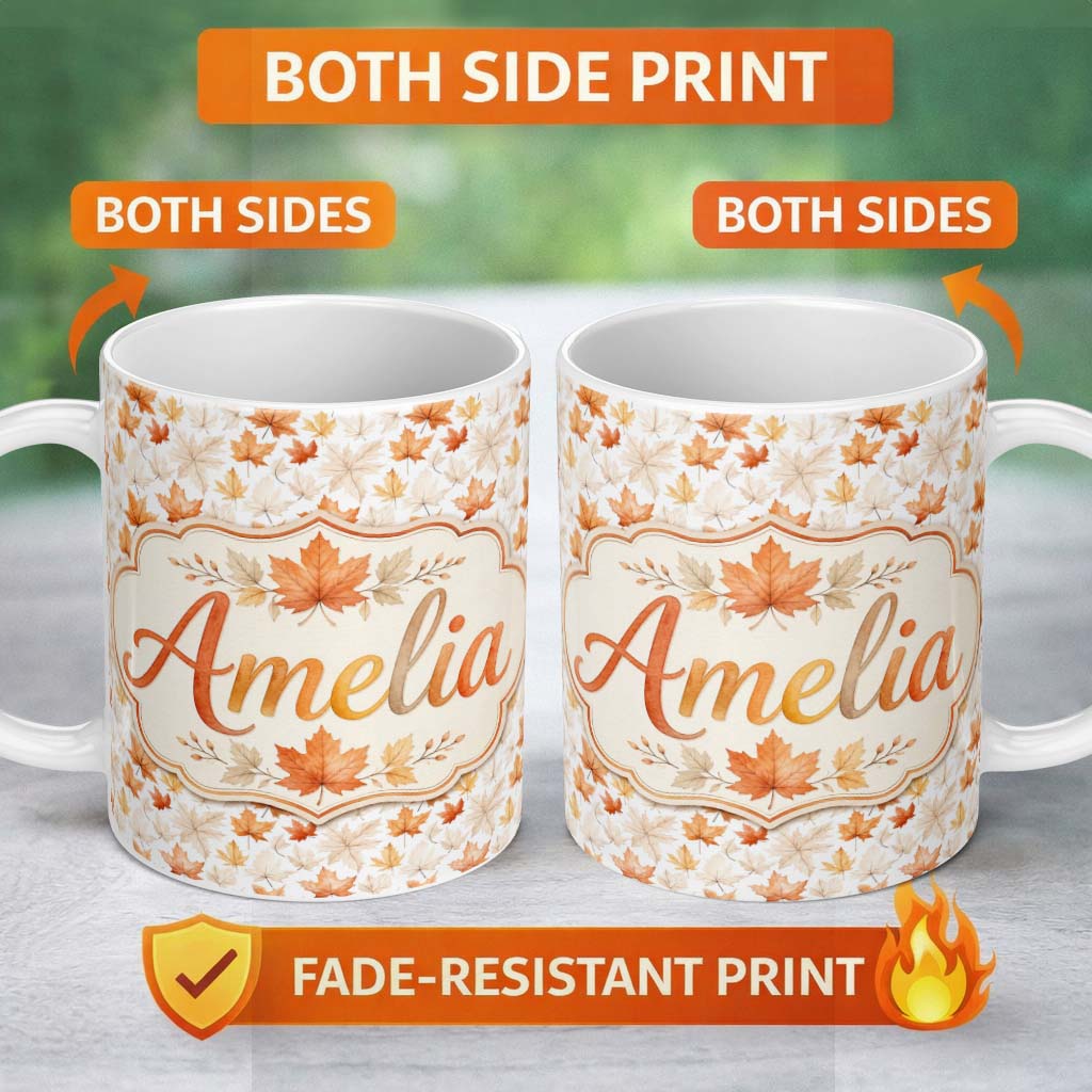 Personalized Custom Name Soft Watercolour Maple Leaves in Beige and Warm Orange on Light 11oz Ceramic Coffee Tea Mug White Large Handle