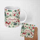 Personalized Custom Name Red Reindeer Christmas Ornaments Festive Seamless Pattern Lovely 11oz Ceramic Coffee Tea Mug White Large Handle