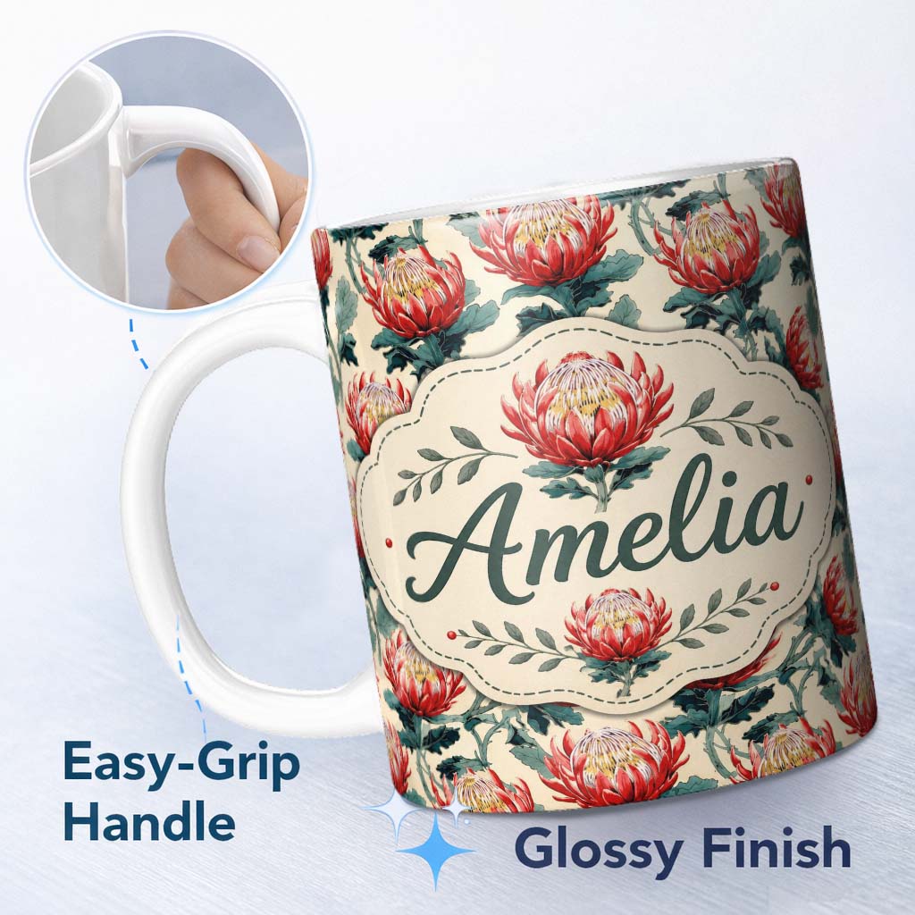 Personalized Custom Name Bold Red Protea Botanical Floral Seamless Pattern Cute Unique Gift 11oz Ceramic Coffee Tea Mug White Large Handle
